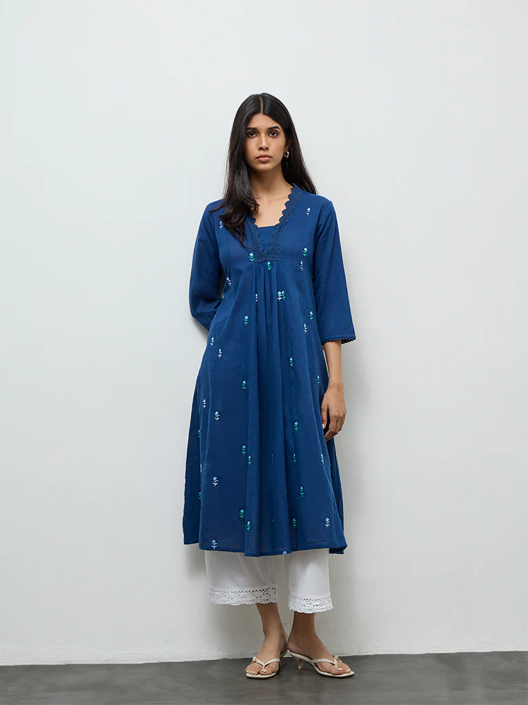 Utsa Indigo Floral Embroidered Cotton A-Line Kurta