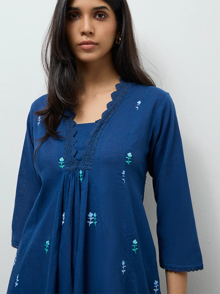 Utsa Indigo Floral Embroidered Cotton A-Line Kurta - Image 3