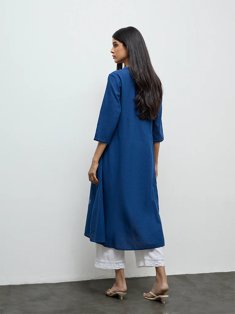 Utsa Indigo Floral Embroidered Cotton A-Line Kurta - Image 4