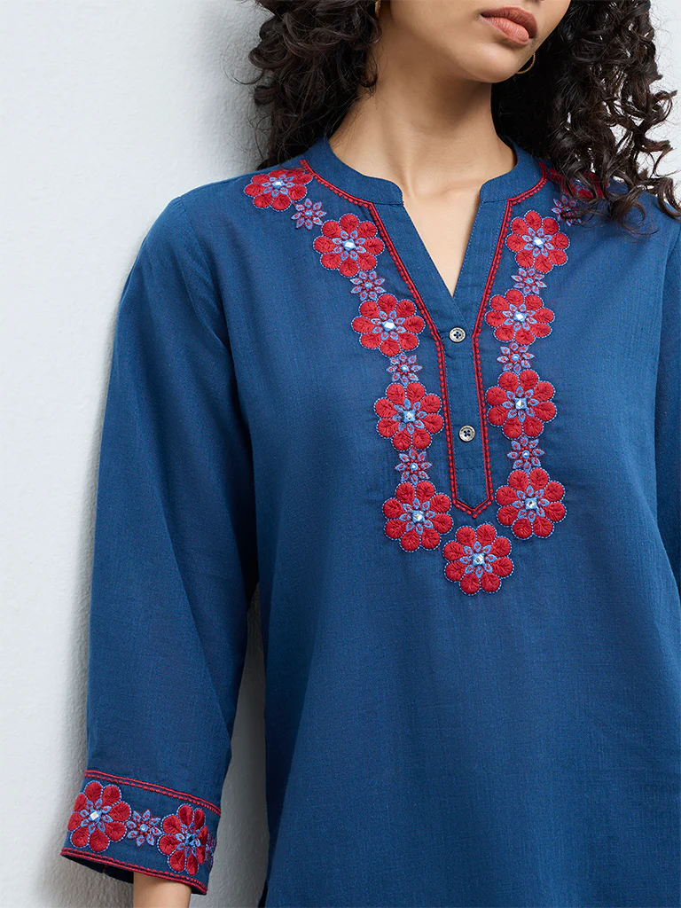Utsa Indigo Floral Embroidered Cotton A-Line Tunic - Image 3