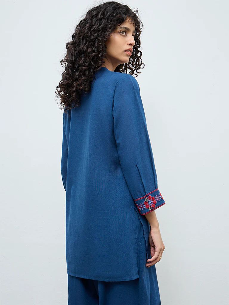 Utsa Indigo Floral Embroidered Cotton A-Line Tunic - Image 4