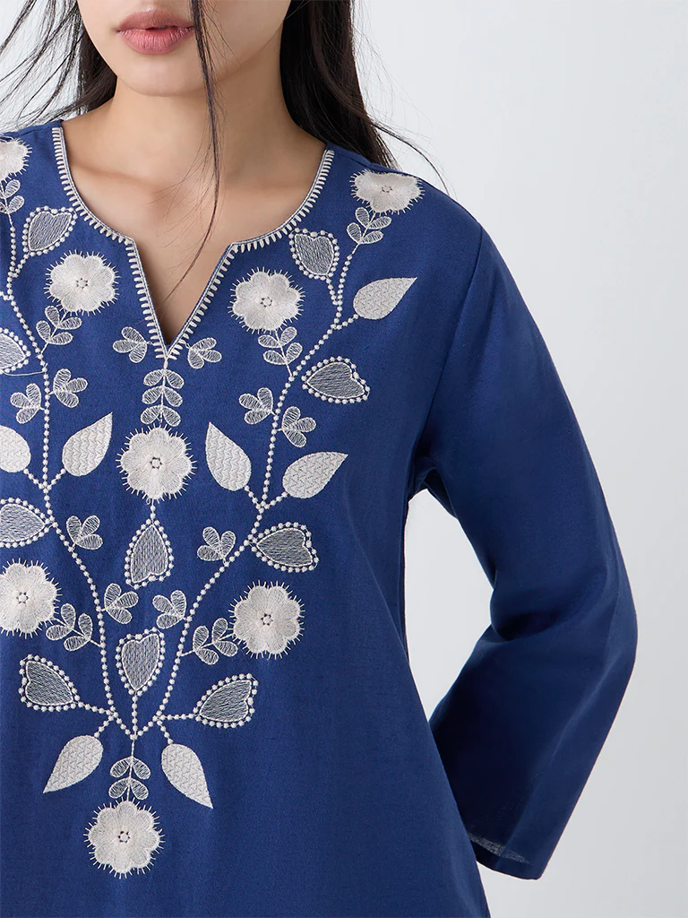 Utsa Indigo Floral Embroidered Cotton-Blend A-Line Kurta - Image 3