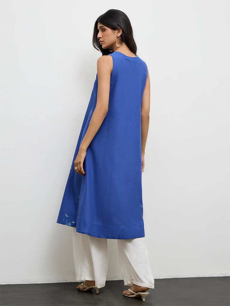 Utsa Indigo Floral Embroidered Cotton-Blend A-Line Kurta - Image 4
