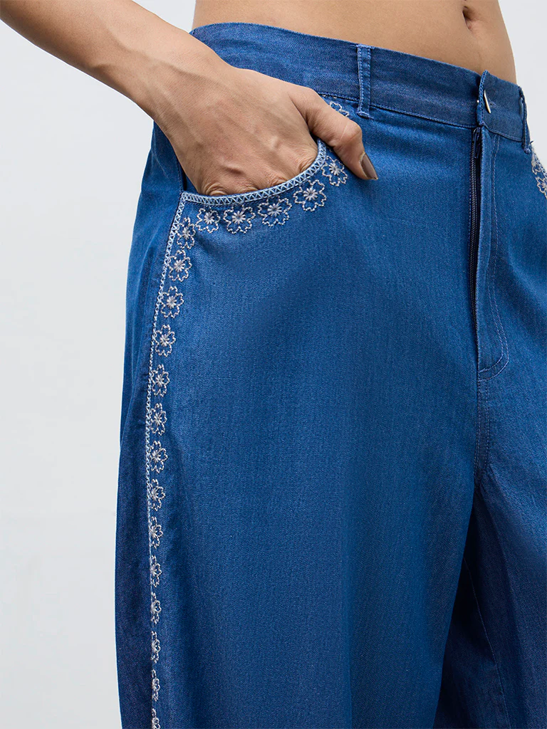 Utsa Indigo Floral Embroidered Cotton Palazzos - Image 3