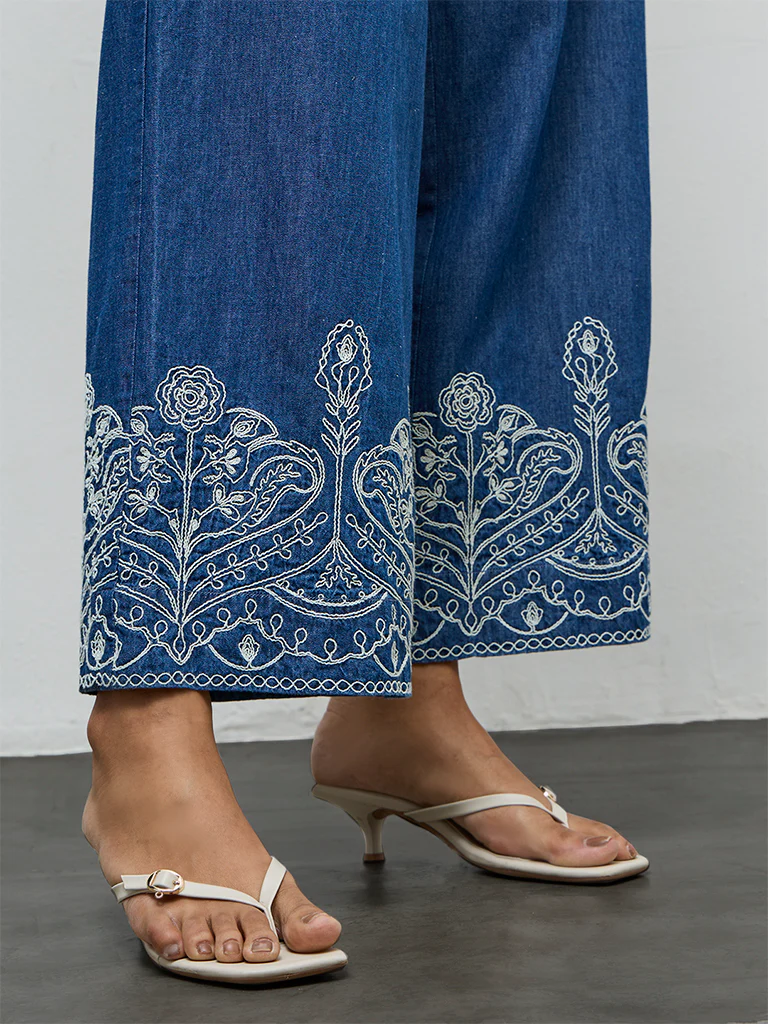 Utsa Indigo Floral Embroidered Cotton Pants - Image 3