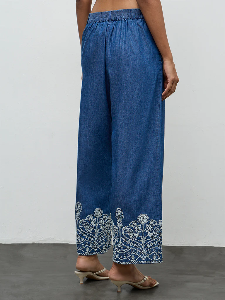 Utsa Indigo Floral Embroidered Cotton Pants - Image 4