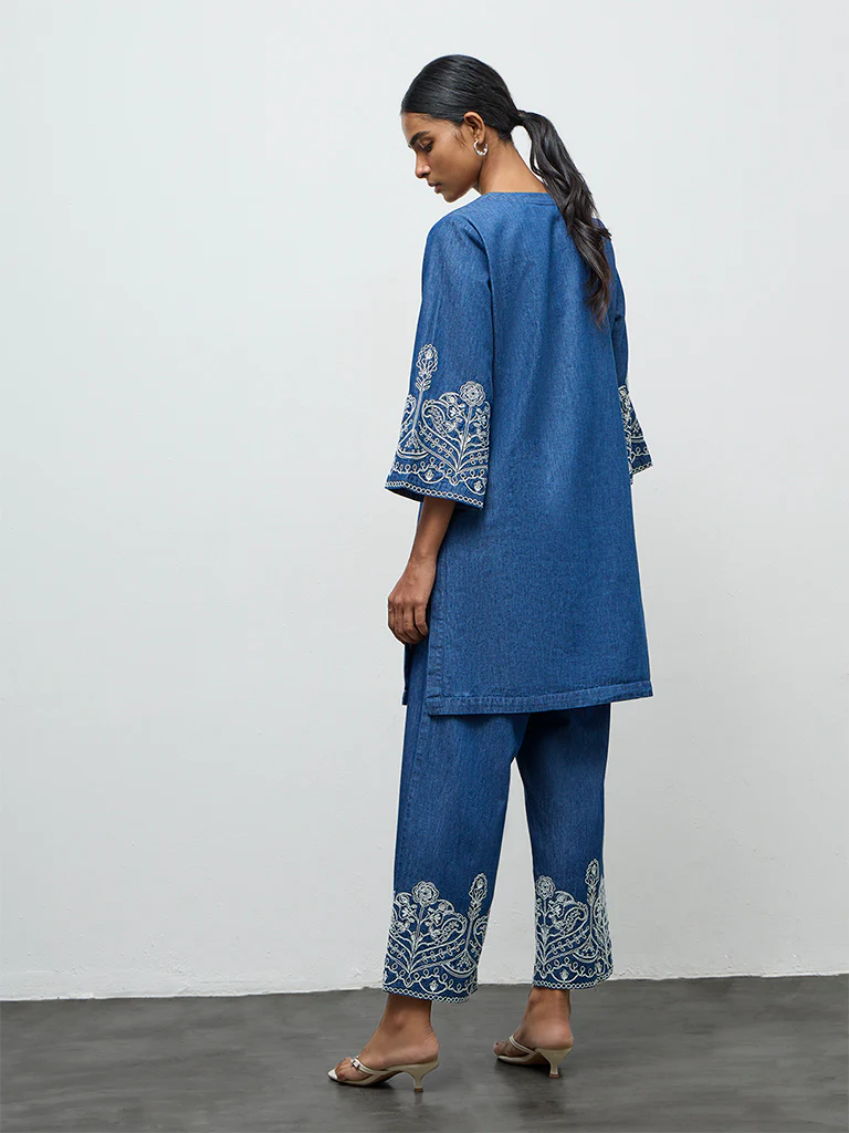 Utsa Indigo Floral Embroidered Denim A-Line Kurta - Image 4