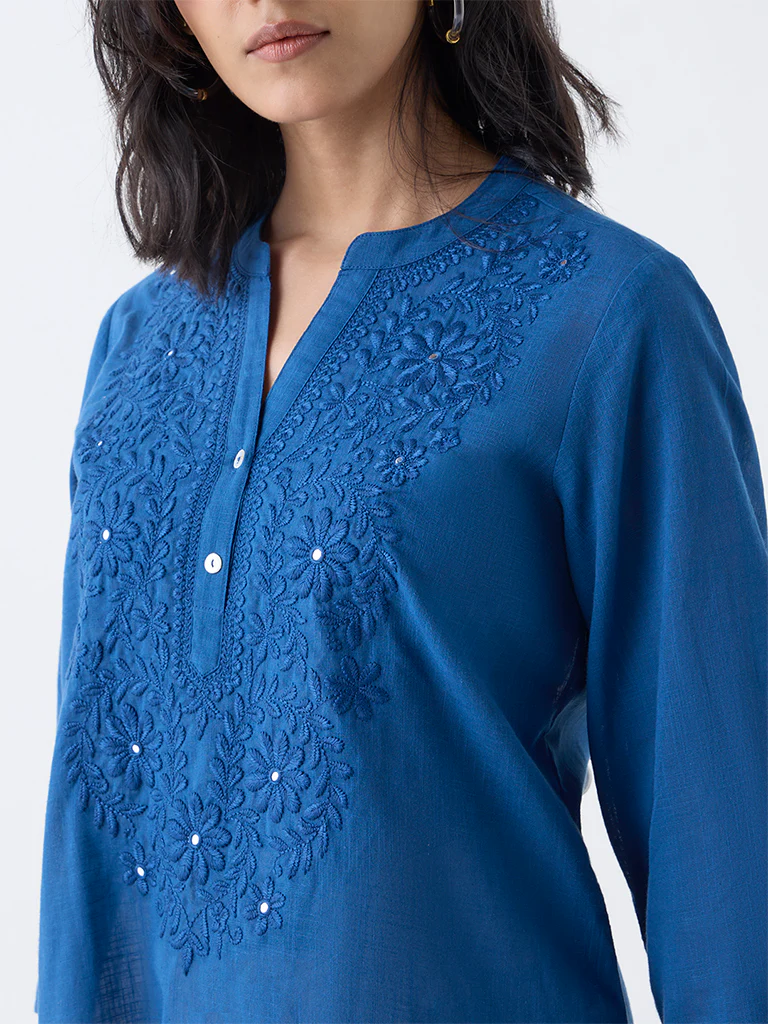 Utsa Indigo Floral Embroidered Lucknowi Cotton Tunic - Image 3