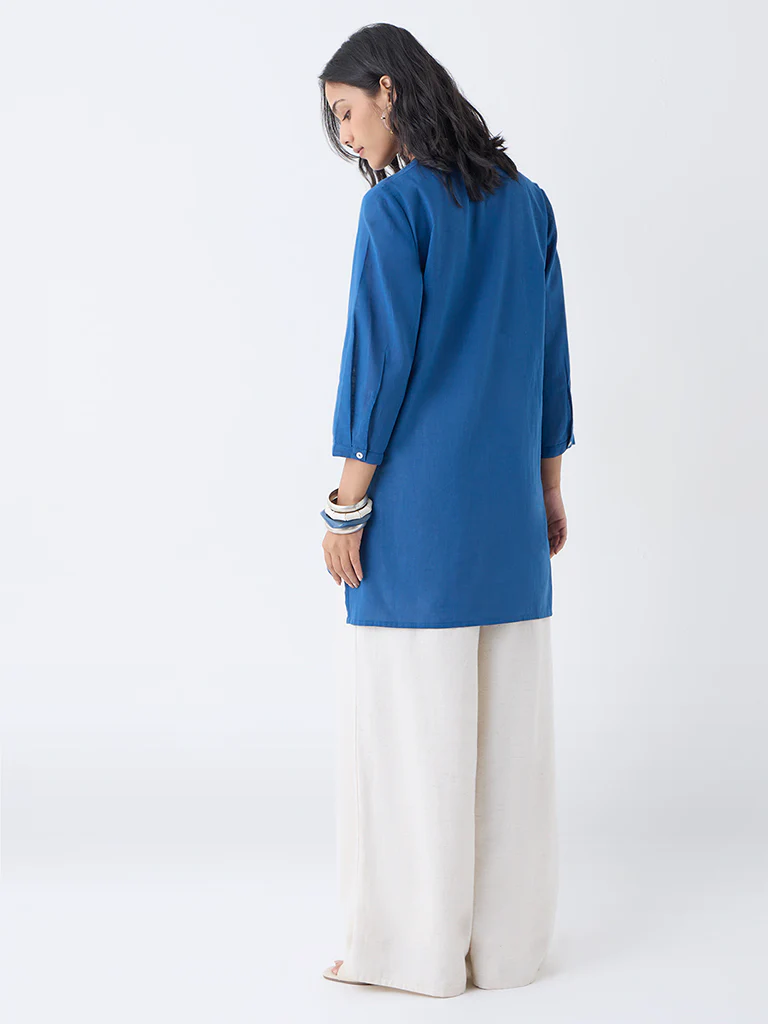 Utsa Indigo Floral Embroidered Lucknowi Cotton Tunic - Image 4