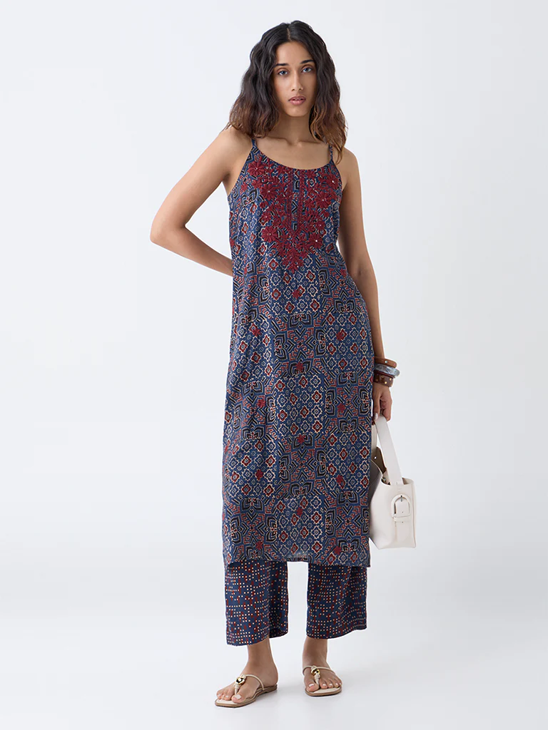 Utsa Indigo Floral Embroidered Straight Kurta - Image 2