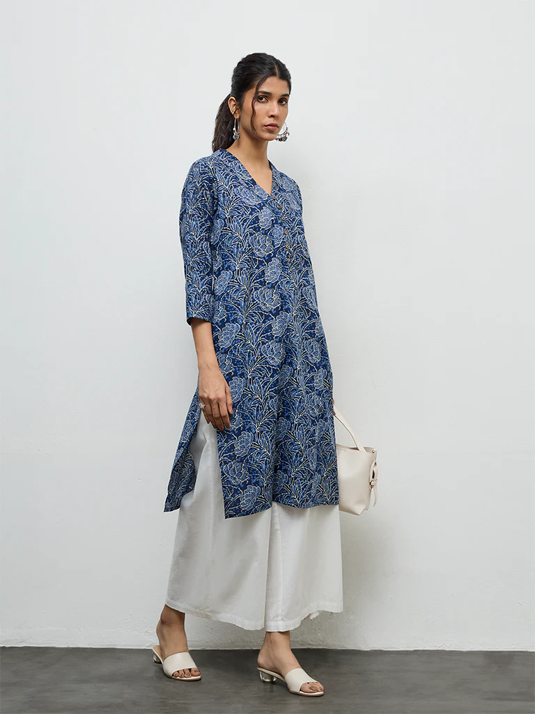 Utsa Indigo Floral Pattern Cotton Straight Kurta - Image 2