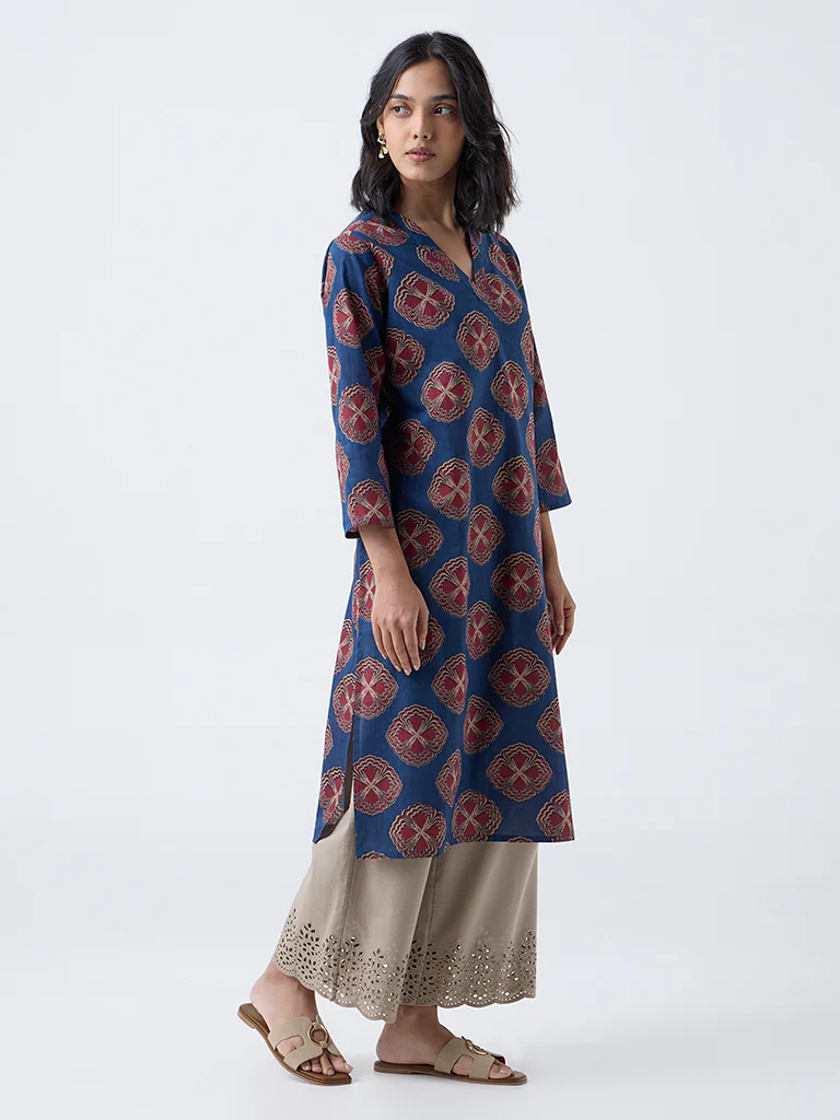 Utsa Indigo Floral Print Cotton Straight Kurta - Image 2