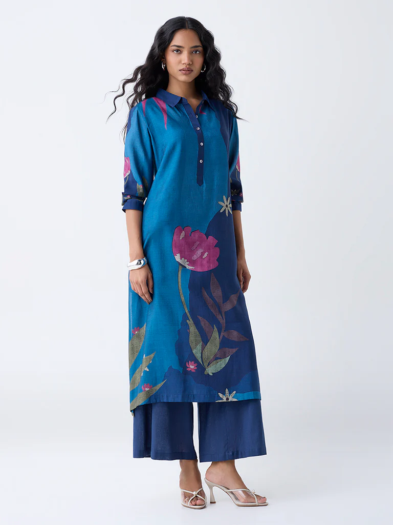 Utsa Indigo Floral Printed A-Line Kurta - Image 2