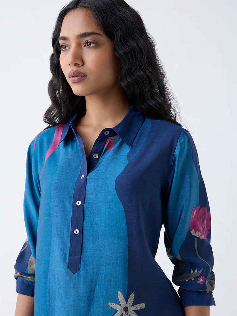 Utsa Indigo Floral Printed A-Line Kurta - Image 3