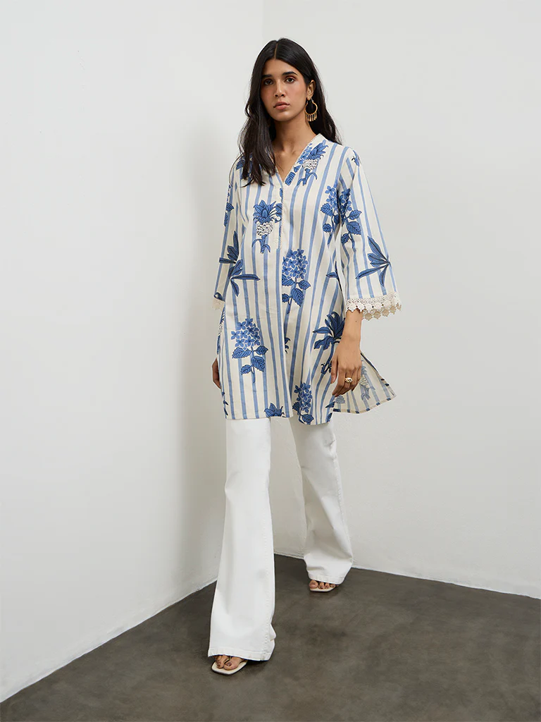 Utsa Indigo Floral Printed Cotton-Blend Kurti