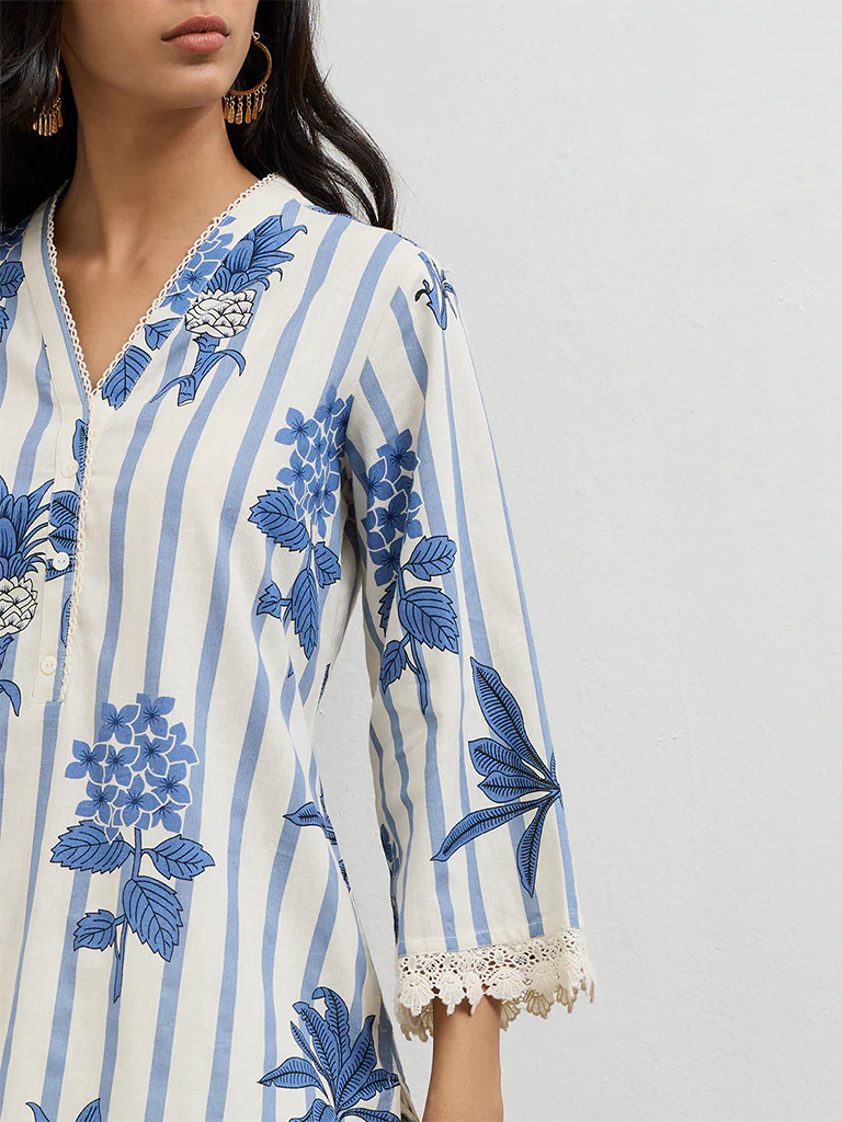 Utsa Indigo Floral Printed Cotton-Blend Kurti - Image 3