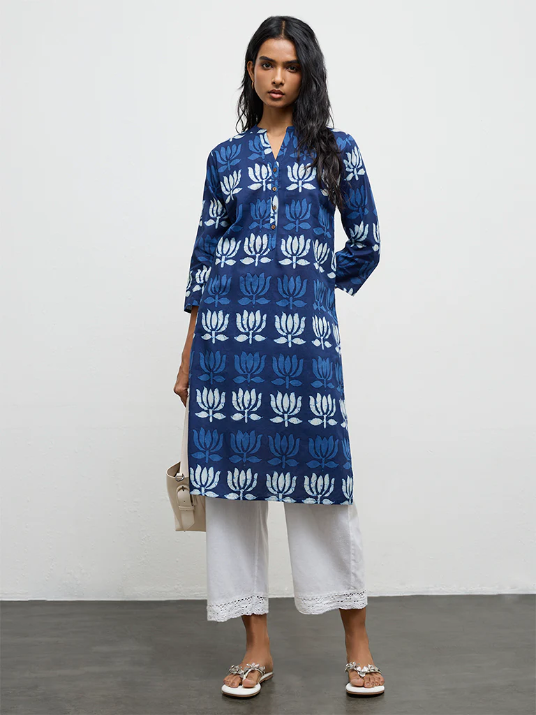 Utsa Indigo Floral Printed Cotton Straight Kurta
