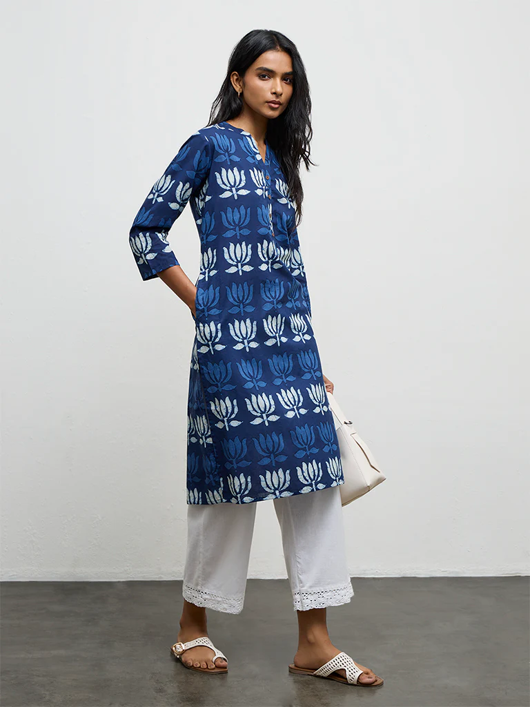 Utsa Indigo Floral Printed Cotton Straight Kurta - Image 2
