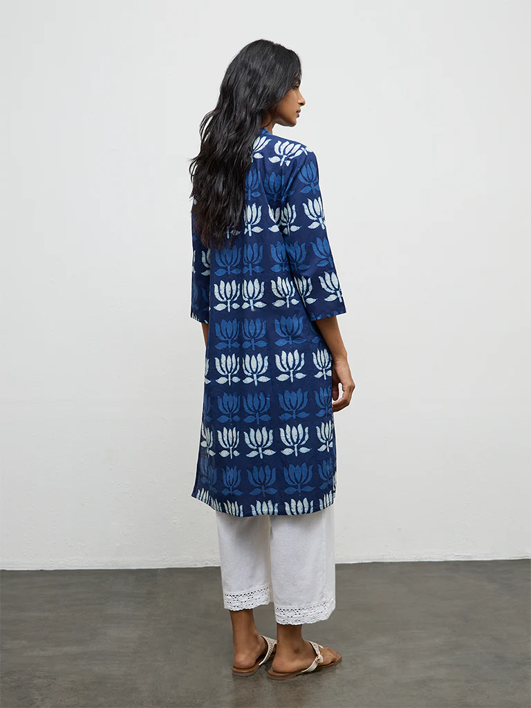 Utsa Indigo Floral Printed Cotton Straight Kurta - Image 3