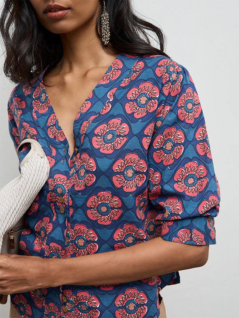 Utsa Indigo Floral Printed Cotton Tunic - Image 3