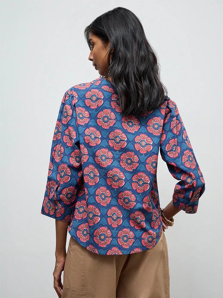 Utsa Indigo Floral Printed Cotton Tunic - Image 4