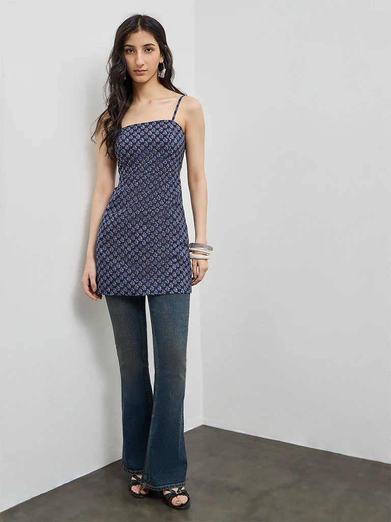 Utsa Indigo Floral Printed Cotton Tunic - Image 2