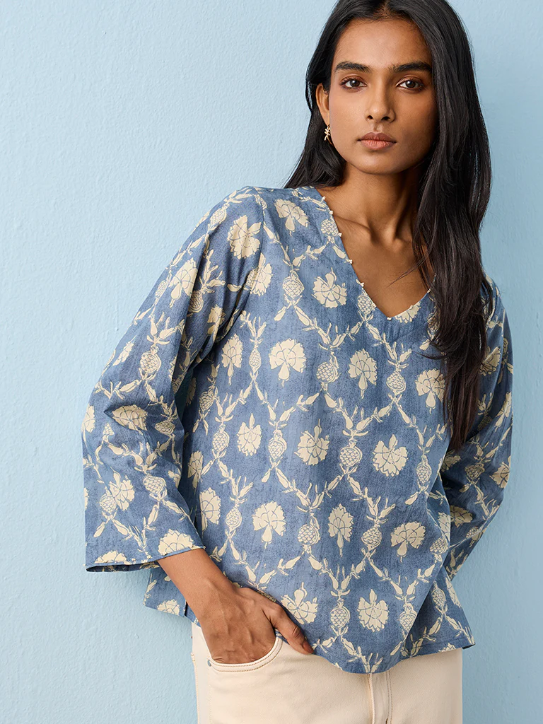 Utsa Indigo Floral Printed Cotton Tunic - Image 3