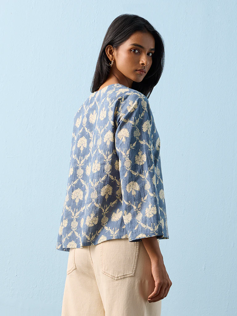 Utsa Indigo Floral Printed Cotton Tunic - Image 4