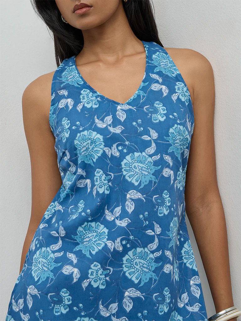 Utsa Indigo Floral Printed Cotton Tunic - Image 3