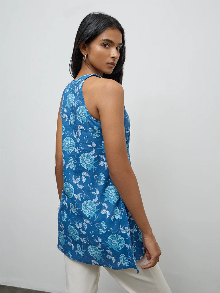 Utsa Indigo Floral Printed Cotton Tunic - Image 4