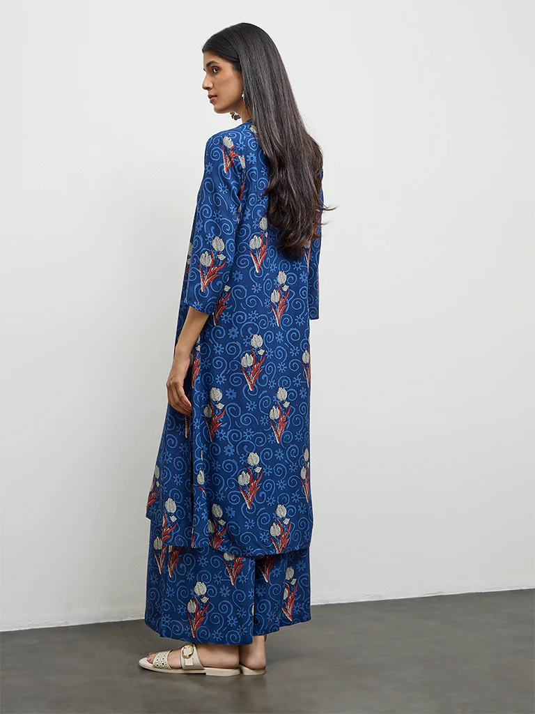 Utsa Indigo Foliage Pattern A-Line Kurta - Image 4