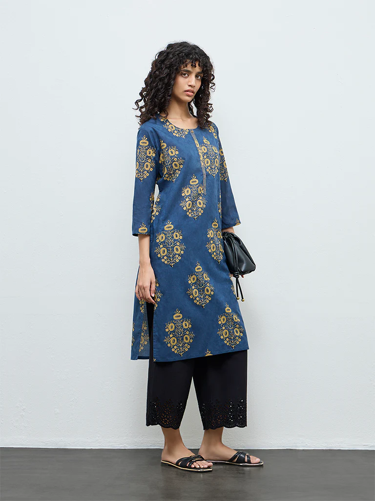 Utsa Indigo Foliage Printed Cotton Straight Kurta - Image 2