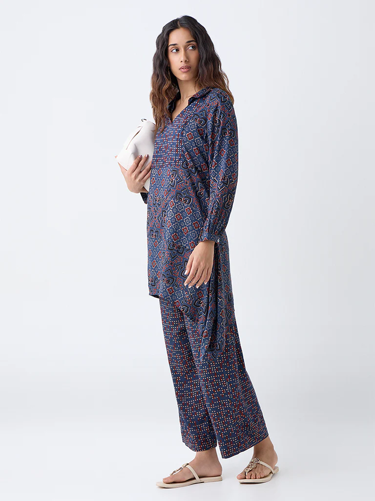 Utsa Indigo Geometric Pattern A-Line Cotton Kurta - Image 2