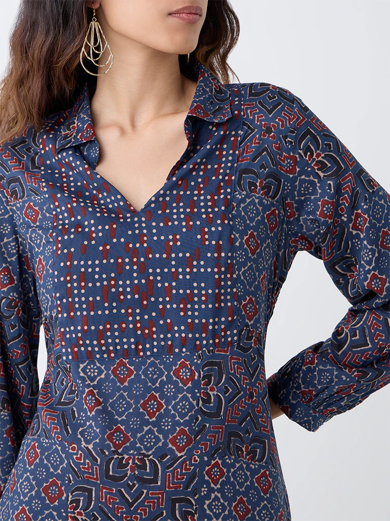 Utsa Indigo Geometric Pattern A-Line Cotton Kurta - Image 3