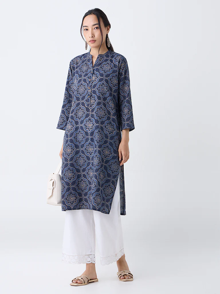 Utsa Indigo Geometric Pattern Cotton-Blend Straight Kurta