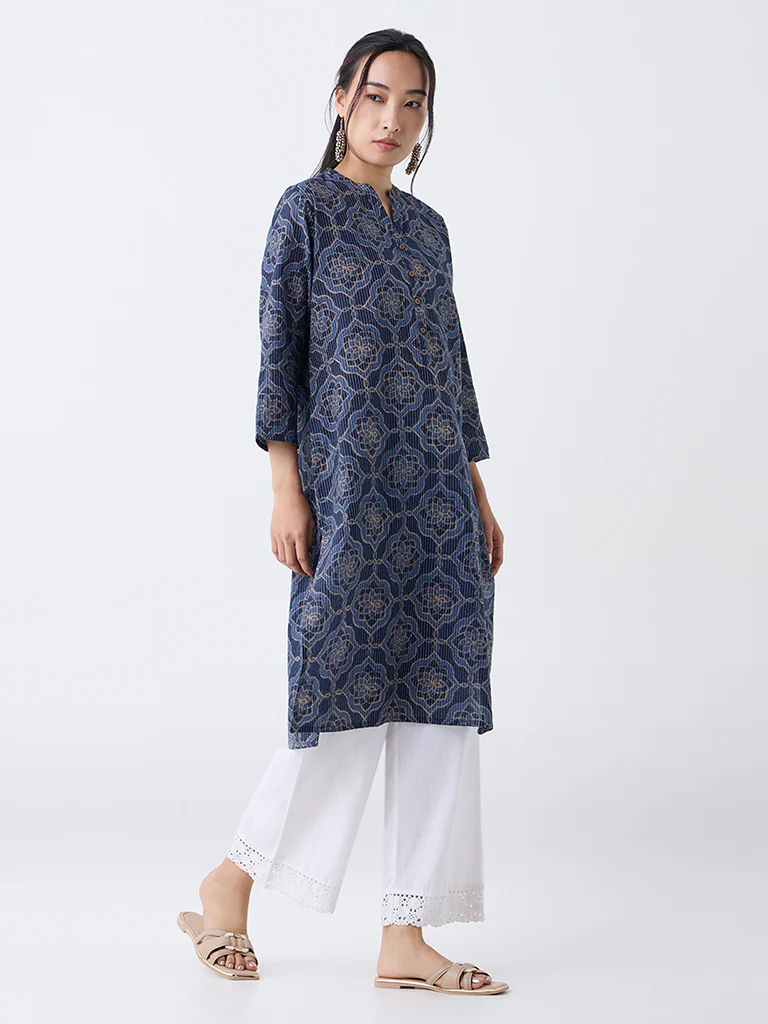 Utsa Indigo Geometric Pattern Cotton-Blend Straight Kurta - Image 2