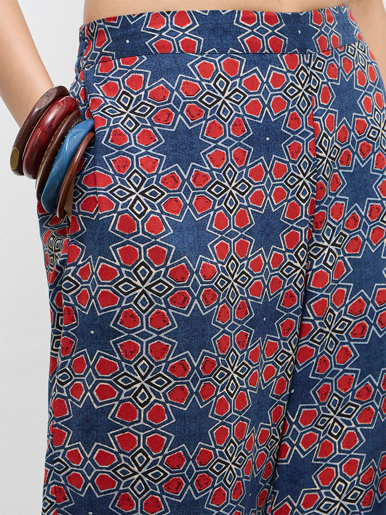 Utsa Indigo Geometric Printed Cotton Harem Pants - Image 2