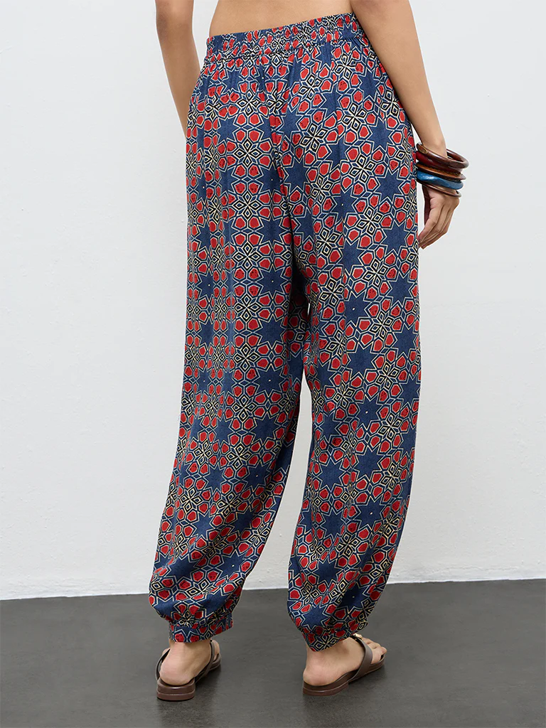 Utsa Indigo Geometric Printed Cotton Harem Pants - Image 3