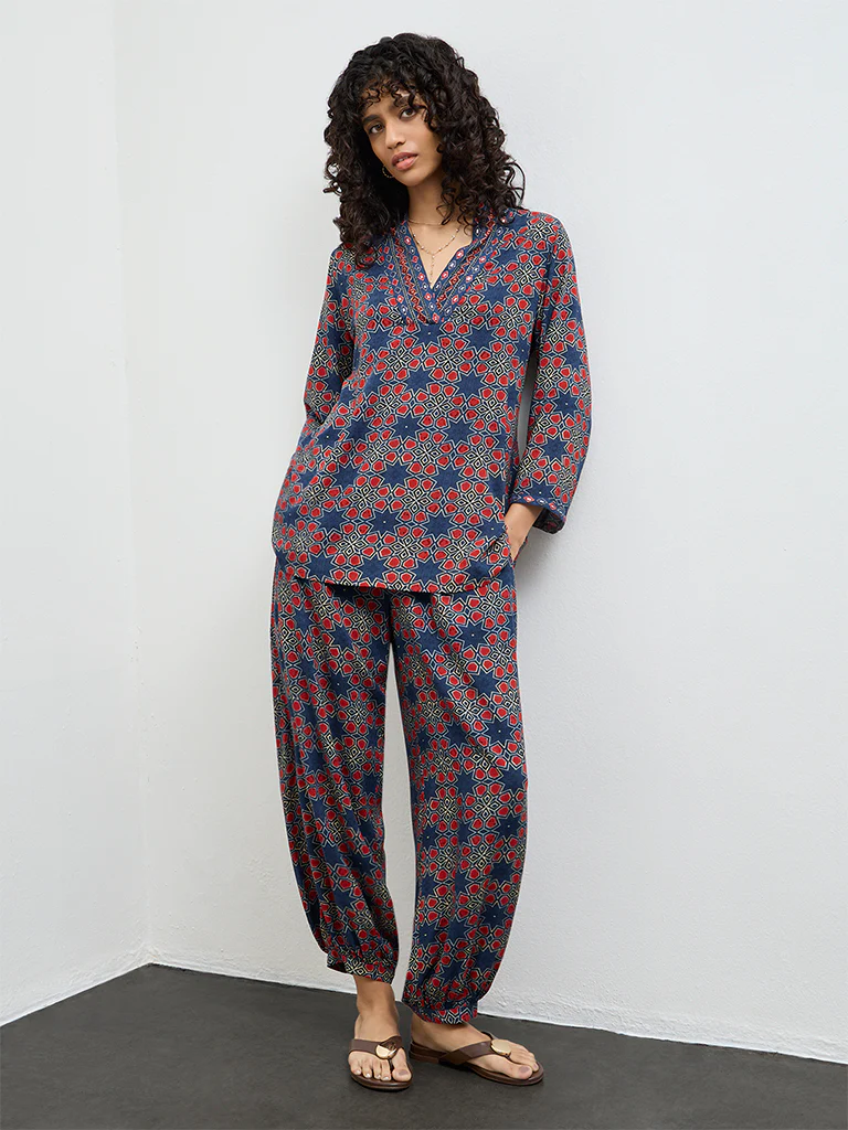 Utsa Indigo Geometric Printed Cotton Tunic