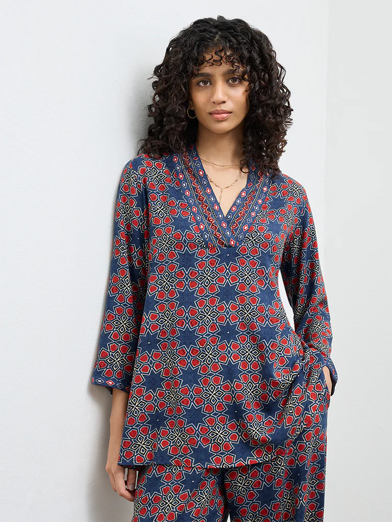 Utsa Indigo Geometric Printed Cotton Tunic - Image 2