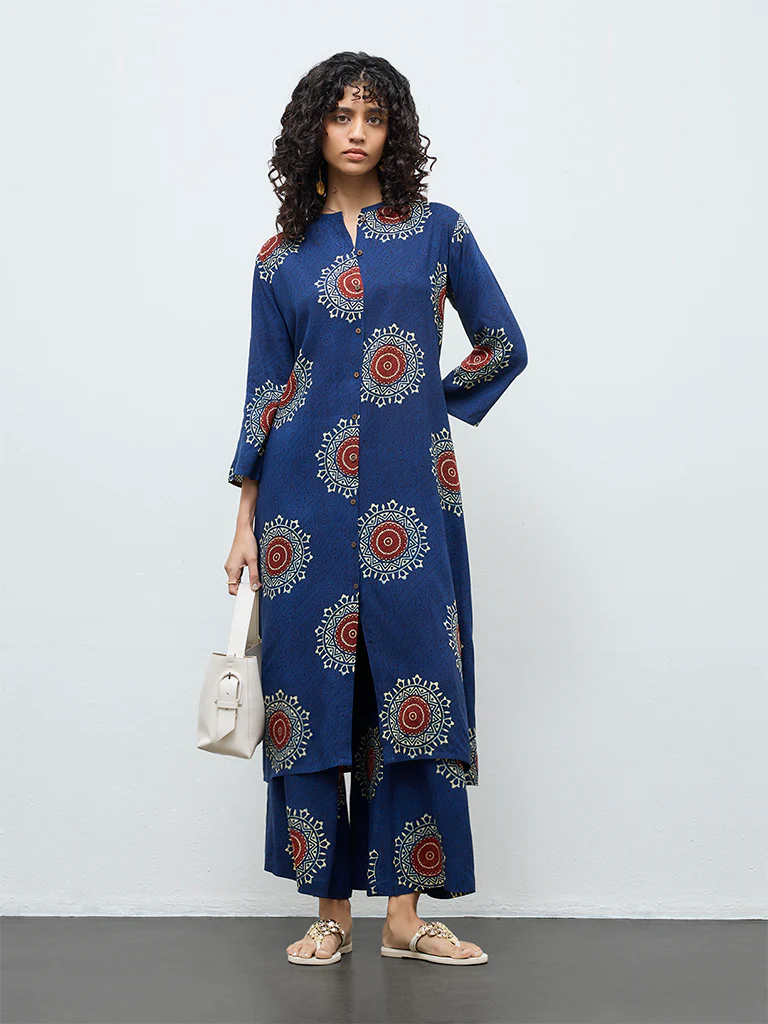 Utsa Indigo Geometric Printed Flared Palazzos - Image 2