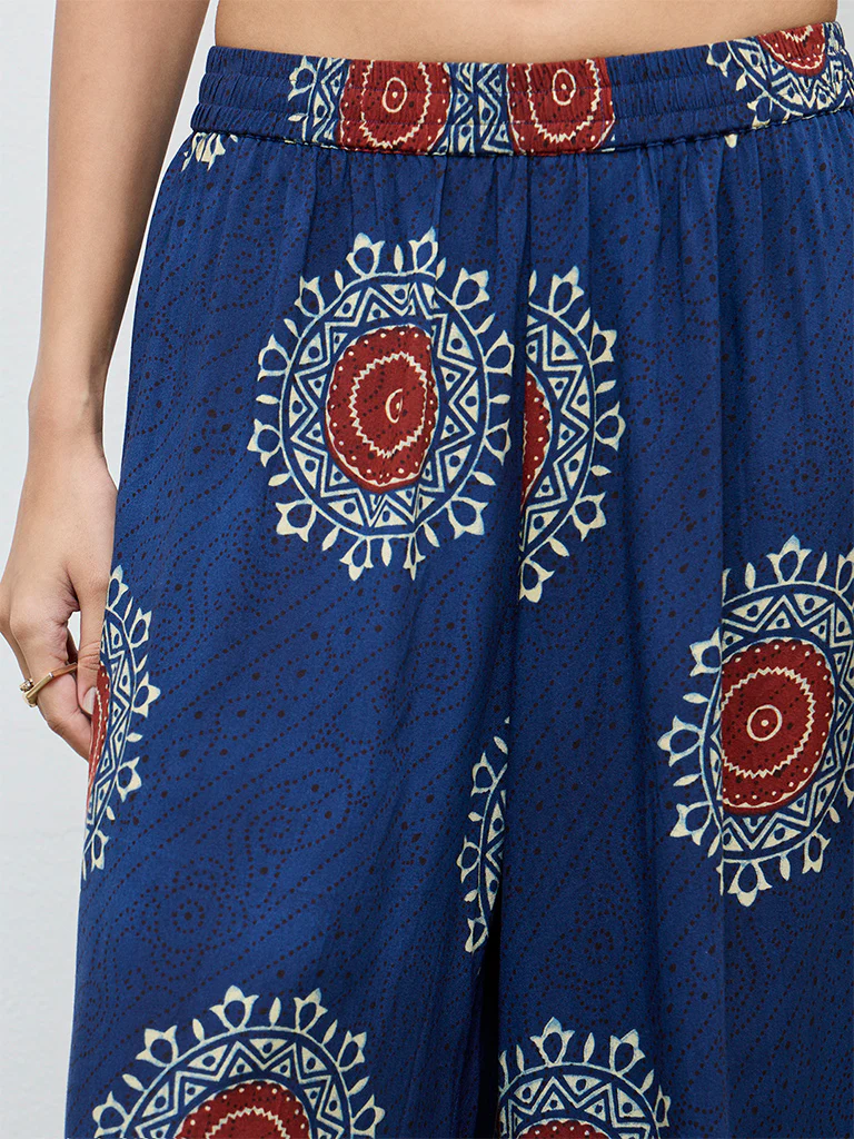 Utsa Indigo Geometric Printed Flared Palazzos - Image 3