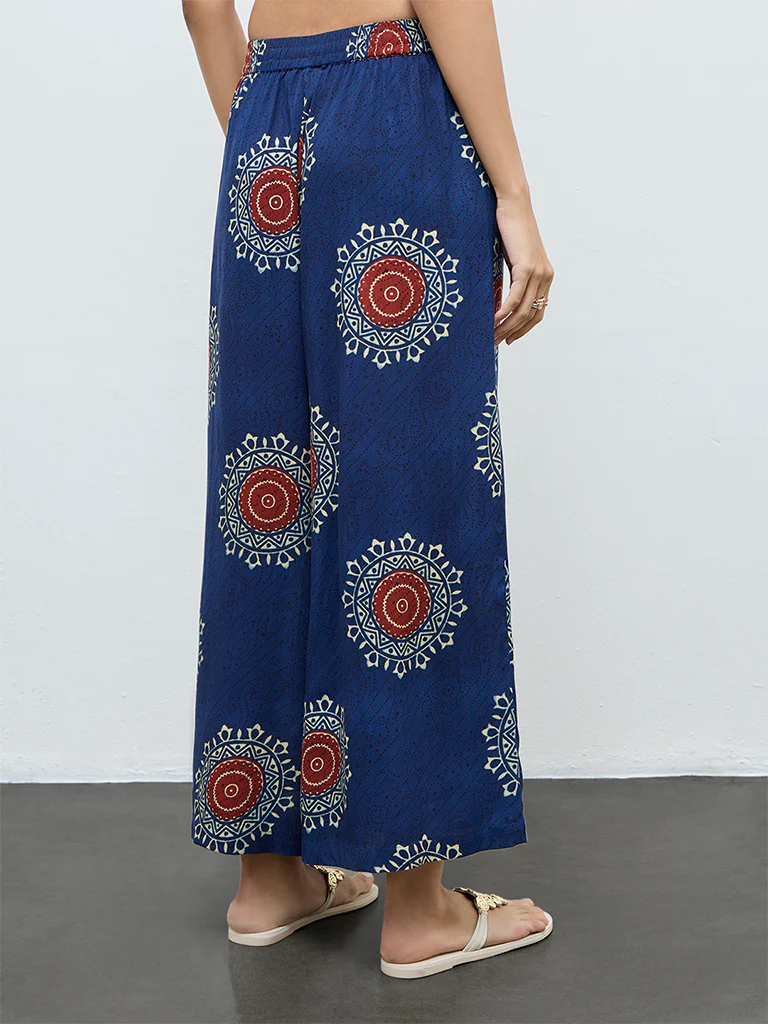 Utsa Indigo Geometric Printed Flared Palazzos - Image 4