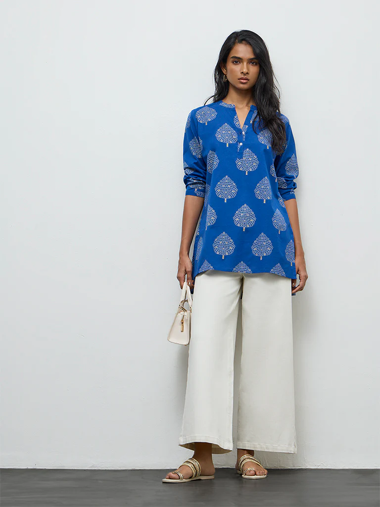 Utsa Indigo Leaf Pattern Cotton-Blend Tunic