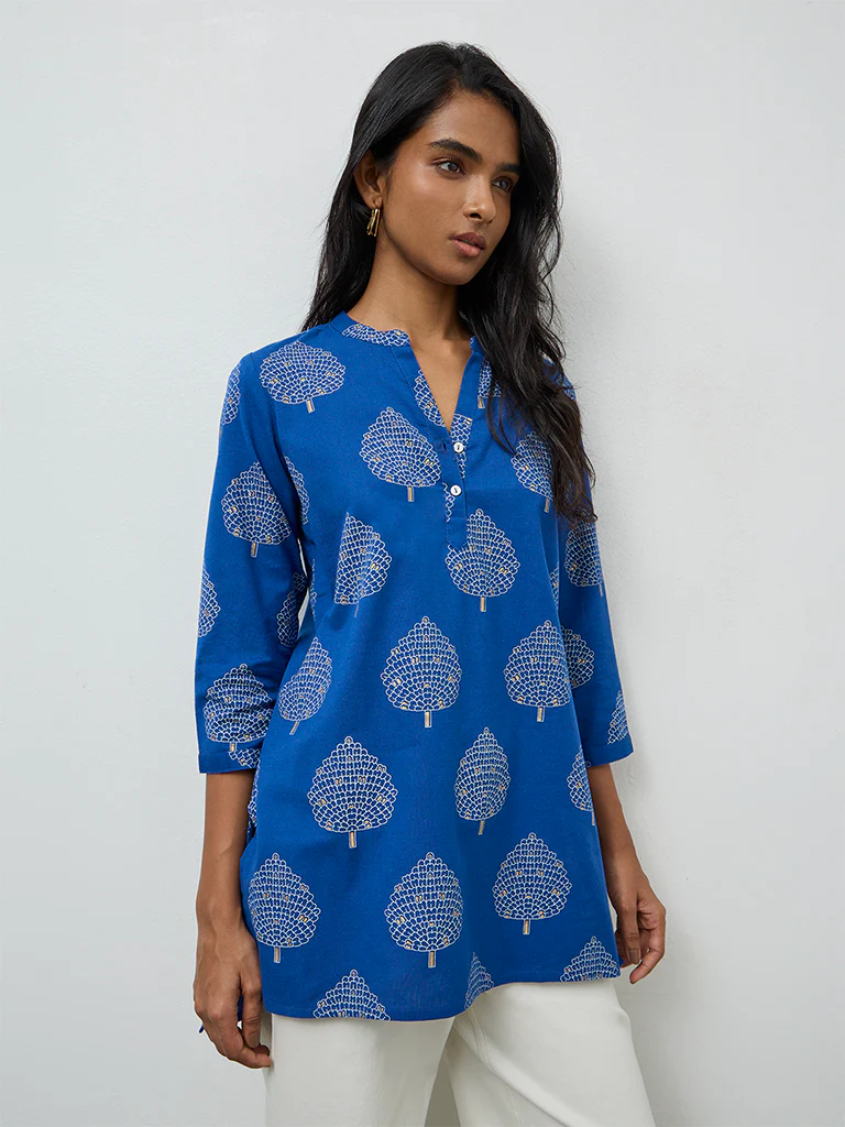 Utsa Indigo Leaf Pattern Cotton-Blend Tunic - Image 2