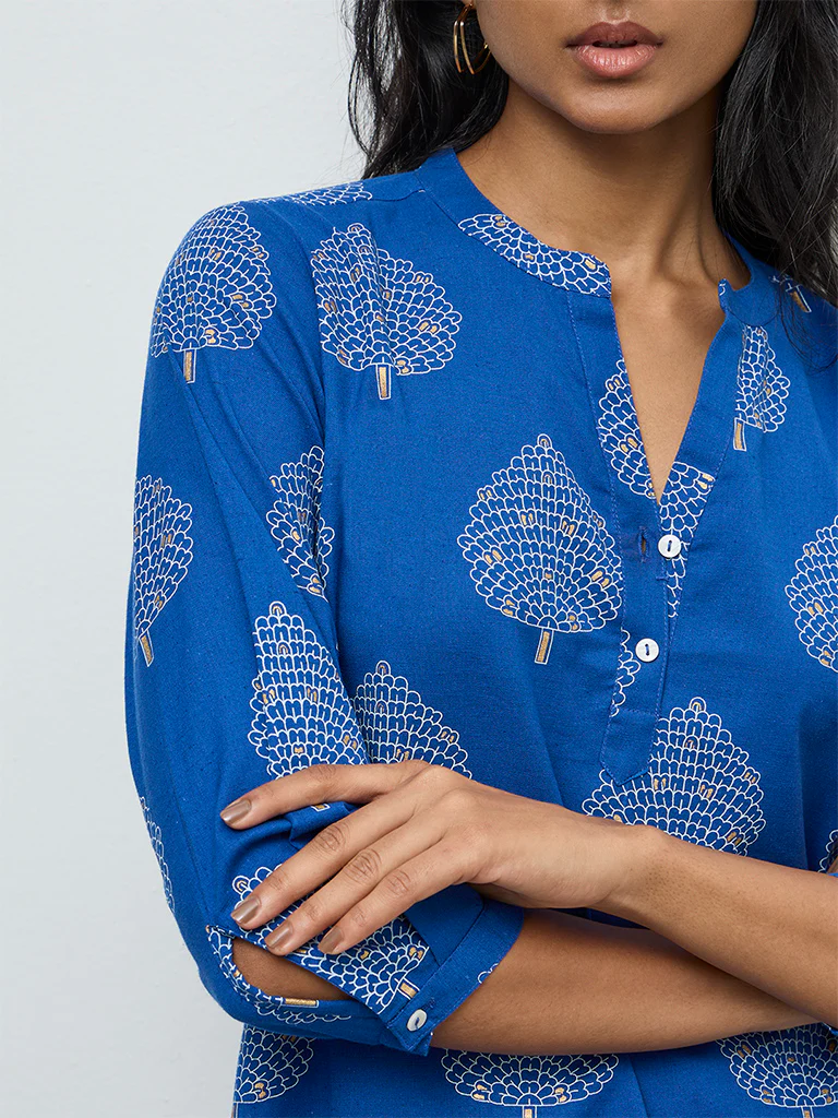 Utsa Indigo Leaf Pattern Cotton-Blend Tunic - Image 3