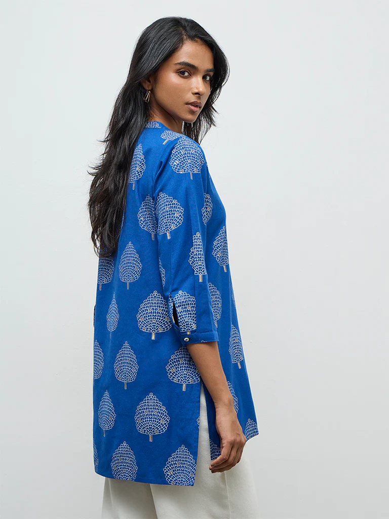 Utsa Indigo Leaf Pattern Cotton-Blend Tunic - Image 4