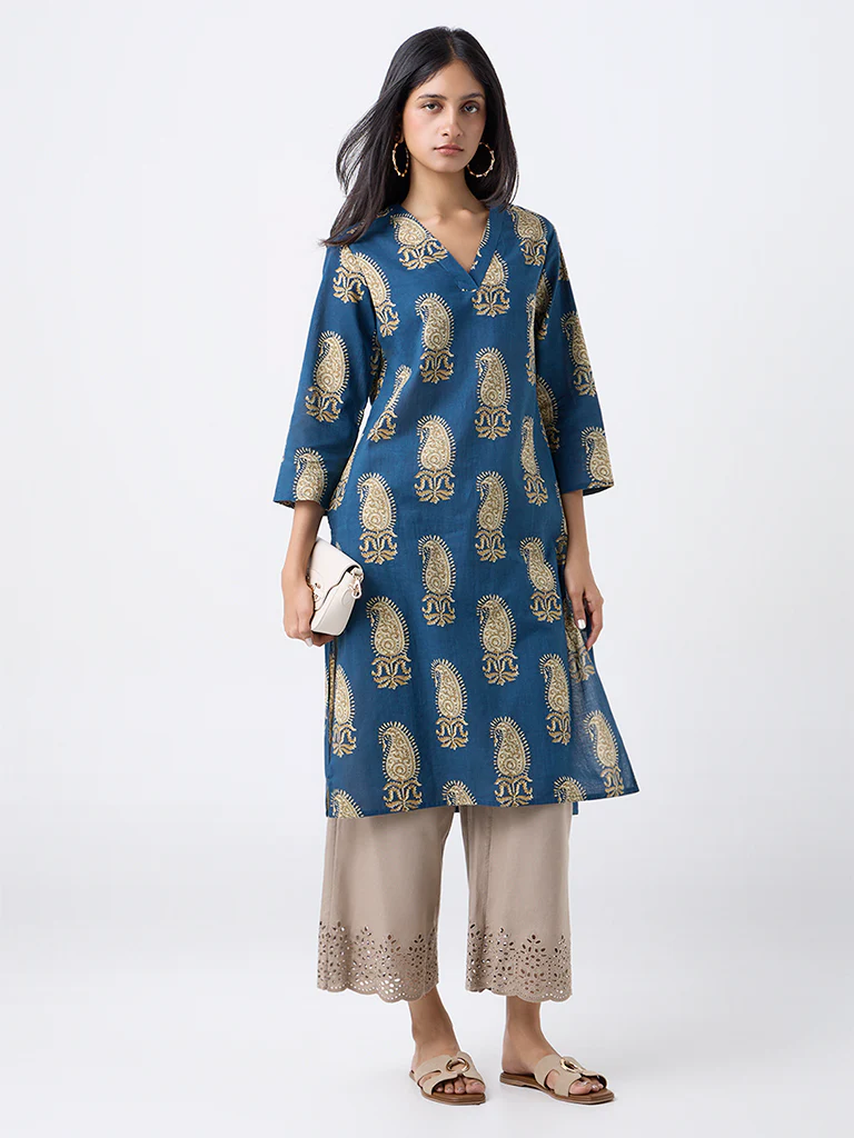 Utsa Indigo Paisley Design Cotton Straight Kurta