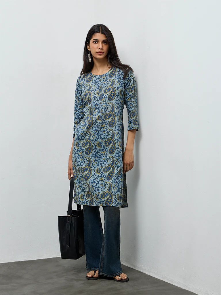 Utsa Indigo Paisley Printed Cotton Straight Kurta