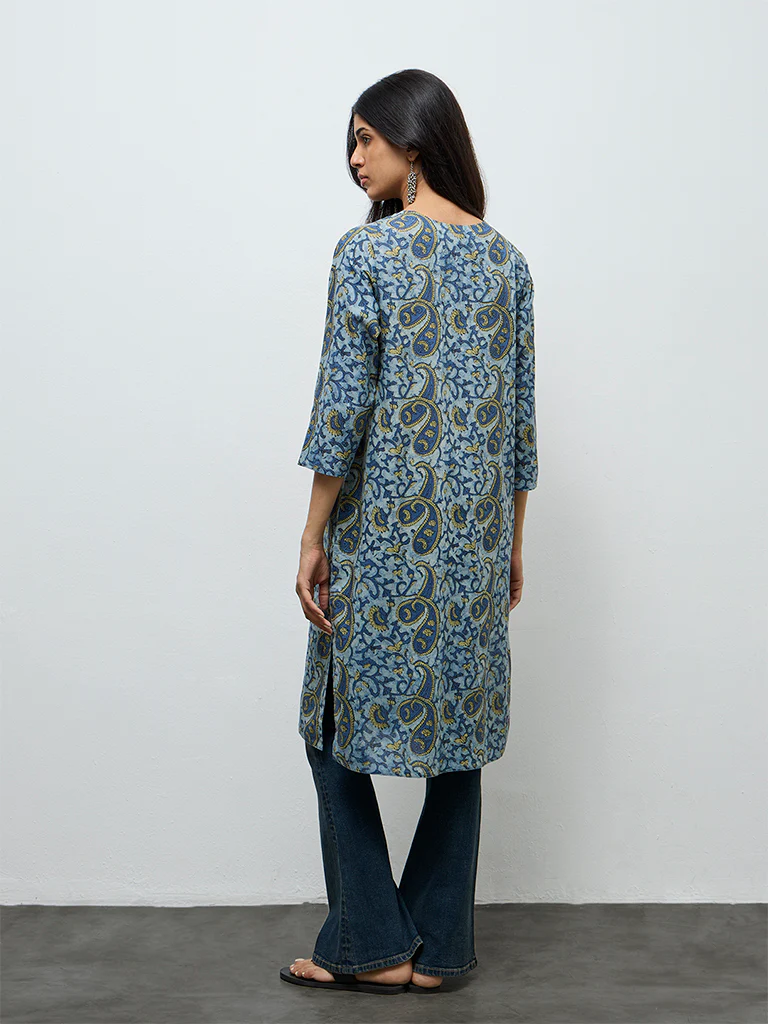 Utsa Indigo Paisley Printed Cotton Straight Kurta - Image 4